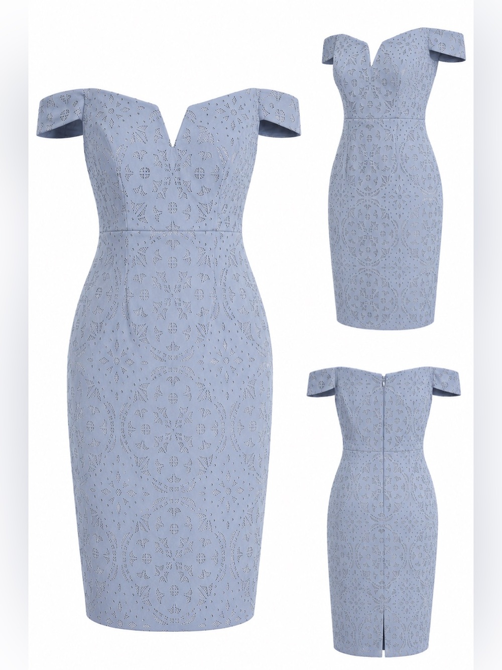 Xscape 12P Light Blue Laser Cut Off Shoulder Sheath Cocktail Dress NWT
